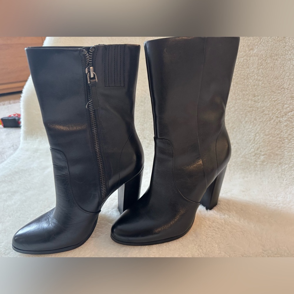 Saks Fifth Avenue Black Leather High Heel Mid-Calf Boots - Picture 2 of 4